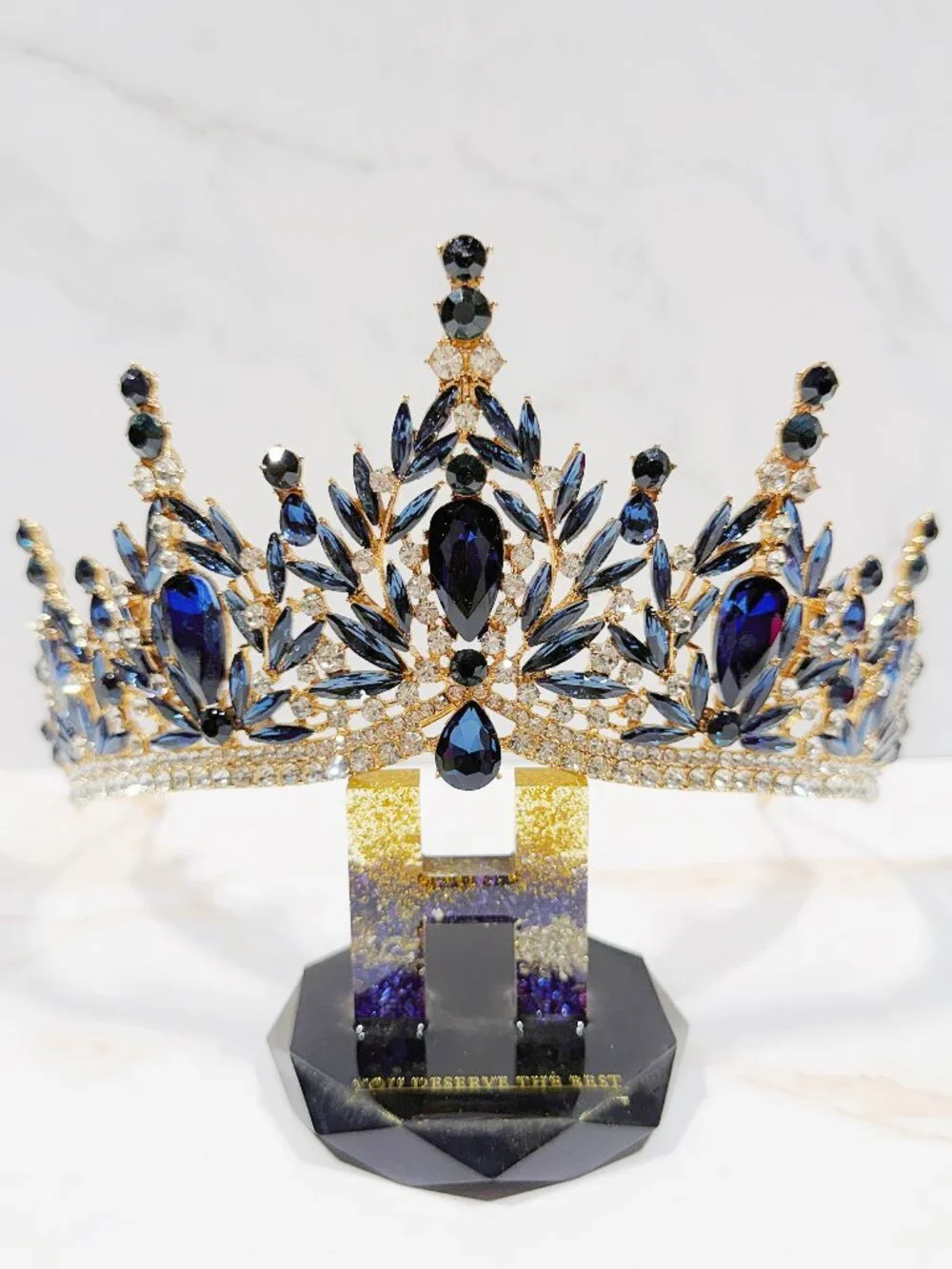 Navy blue tiara, Gold Crystal Crown, Rhinestone Tiara, Formal crown headpiece